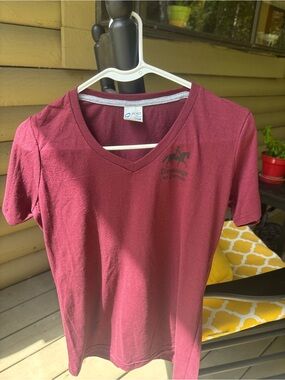 Maroon V-Neck Tee with Dressage at Devon logo